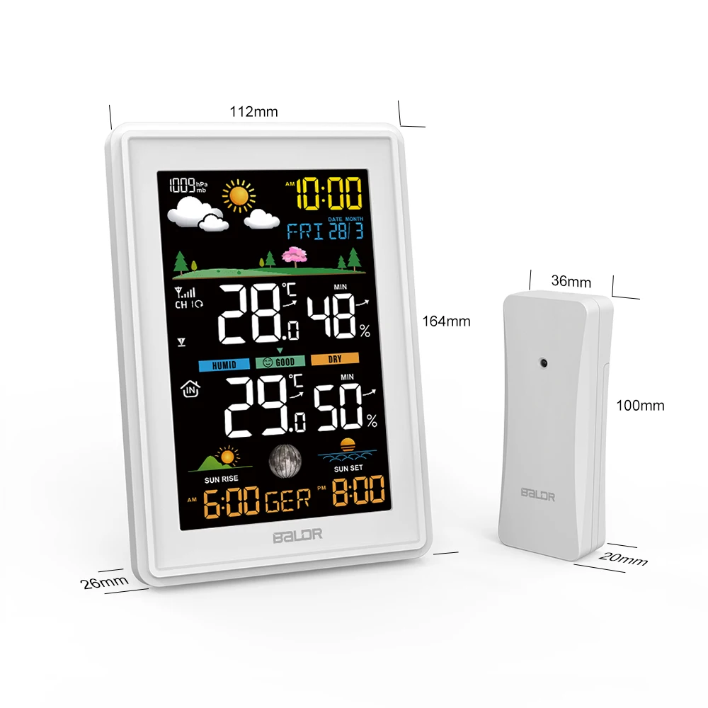 Baldr Wireless Color Weather Station Alarm Clock Digital Humidity Temperature Monitor Barometer Forecast Trend Moon Phase -40℃