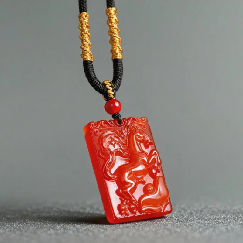 

Агатовый нефрит с сертификатом, квадратное ожерелье из красного халцедона с изображением лошади, благоприятный кулон на год рождения