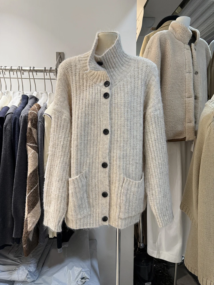 

Loose Long Sve Knitted Sweater Coat Casual Sle Button up Stand Collar Comfortable Fit Women's Faion Winter 2025