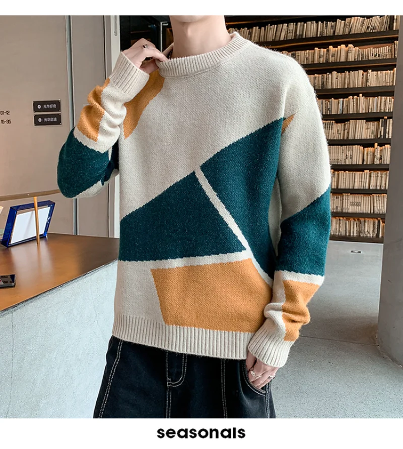 Autumn Spring New Patchwork Patterned Men\'s Pullovers Round Collar Knitted Slim Fit Korean Style Outerwear Sweater Jumper