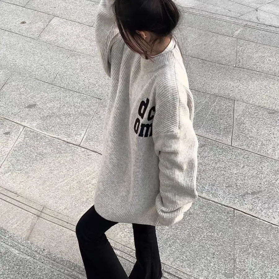 High Street Simple Letter Embroidery Sweaters Loose Oversized Gray Sweatshirt Pullover Winter Tops Korean Fashion Women Harajuku