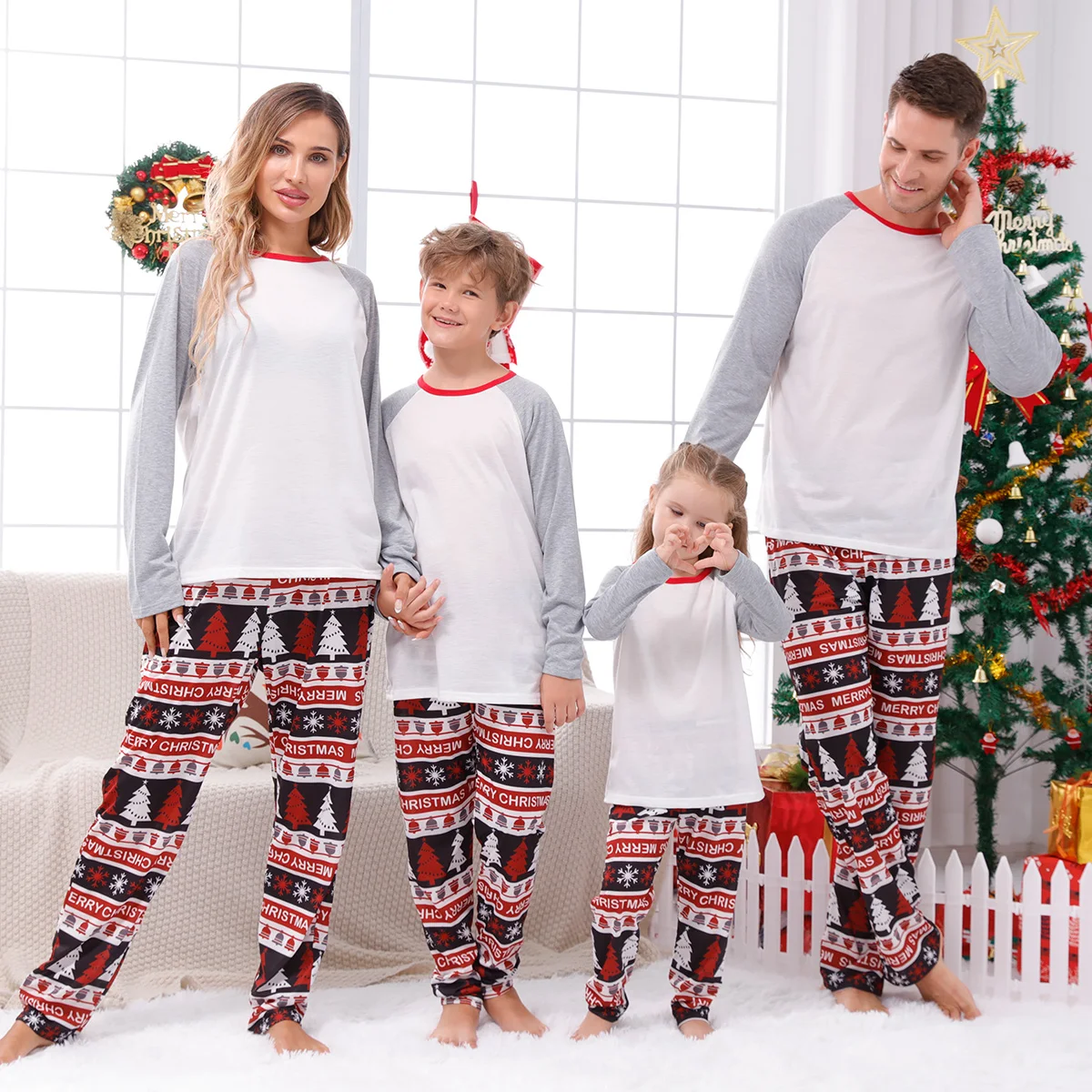 Christmas Family Matching Outfits Cartoon Sublimation Blank Pajamas Set Parent-Child Soft Loose Sleepwear Tee Tops+Paints