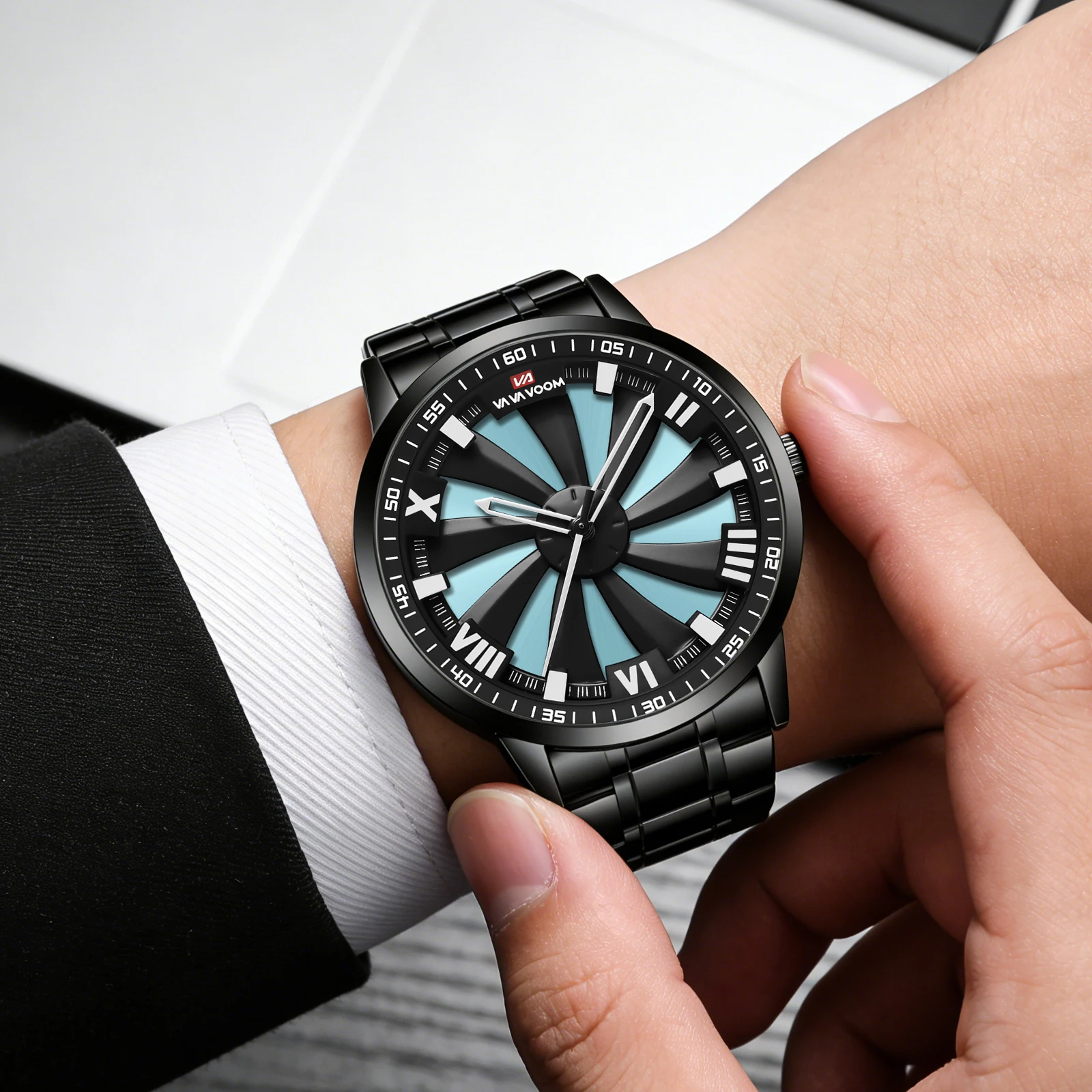 Sports Men Watch 43mm Red Rotating Dial Black Stainless Steel With Quartz Clock Simulation Car Hub 3Bar Daily Waterproof Watches