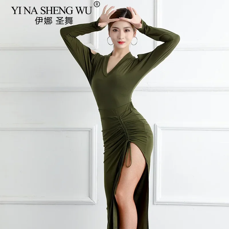 ensemble-de-costumes-de-danse-latine-pour-femmes-combinaison-a-col-en-v-a-fente-haute-manches-longues-vert-olive-elegante-pour-la-pratique-et-les-spectacles-de-danse