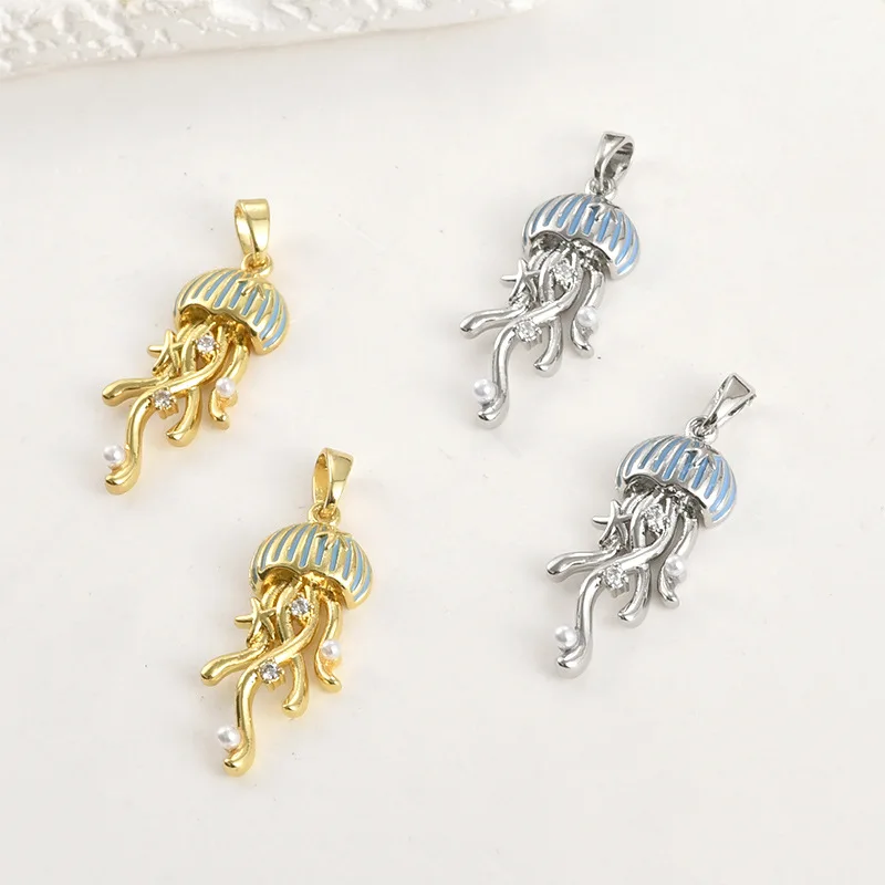 Copper-plated 18k Gold Color-preserving Blue Pearl Jellyfish Pendant DIY Handmade Necklace Bracelet Pendant Accessories Material