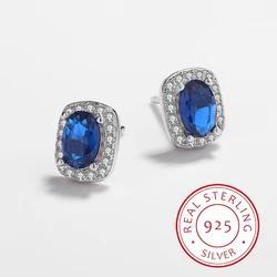 Fashionable and Exquisite Authentic S925 Silver Four-Prong Oval Sapphire Earrings Engagement Gift Women's Earrings