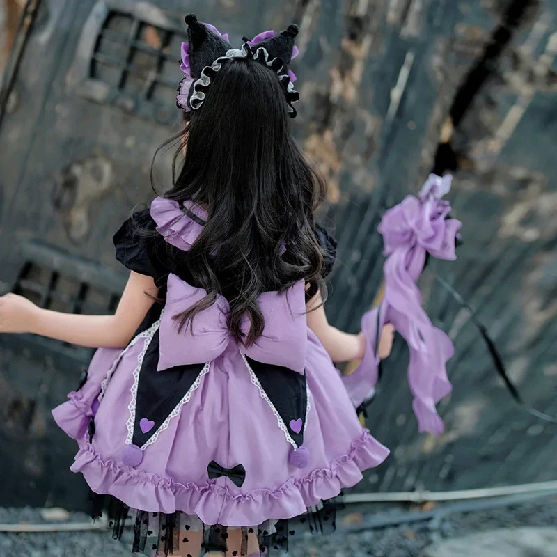 Sanrio Cosplay Kuromi Lolita Princess Dress Summer Children's Costume Halloween Dress Puffy Skirt Suit Birthday Kawaii Gift