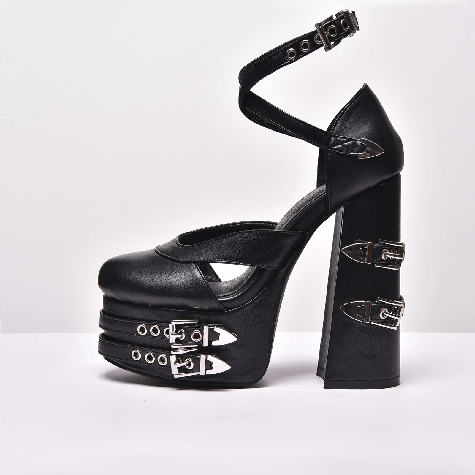 Black Matte Leather Double Platform Chunky Heel Mary Jane Pumps Buckle Straps Gothic Punk Women Ankle Strap Party Sandals
