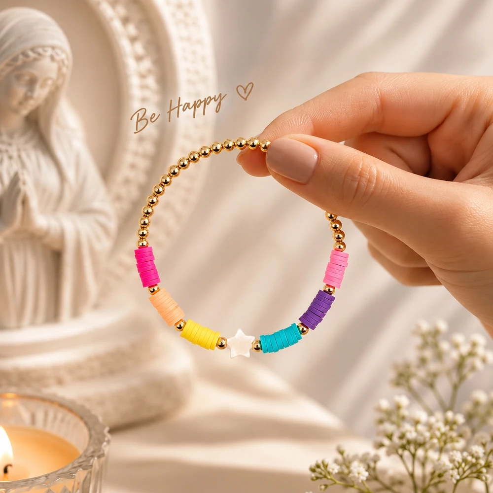 1pc Colorful Stacked Disc Bead Strand Bracelet with Golden Round Beads and White Star Charm Trendy Unisex Design Style