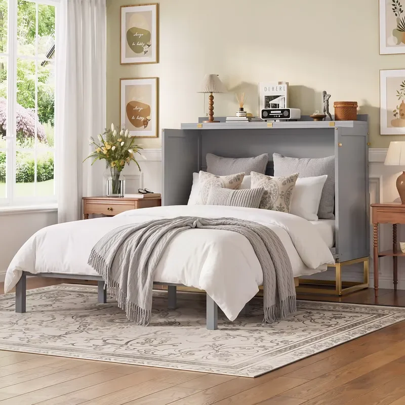 Modern Murphy Queen Bed Wood Panel Metal Legs Imitation Drawer Space Saving Storage Wall Bed