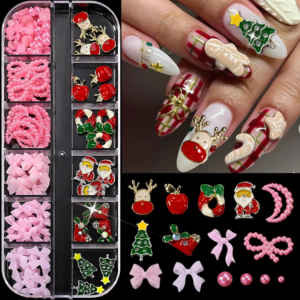 

12Grids Christmas Elk Santa Claus Alloy Nail Charms 3D Resin Pink Bow Pearl Nail Parts Red Apple Christmas Tree DIY Nail Decora