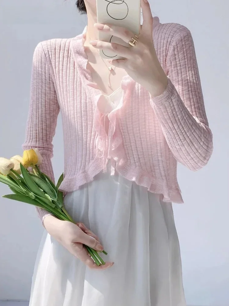 

2025 Korean Style Sweet Cardigan Women Summer Thin Knit Lace-up Ruffle V-neck Short Bolero Top Sun-protection Slim Woman