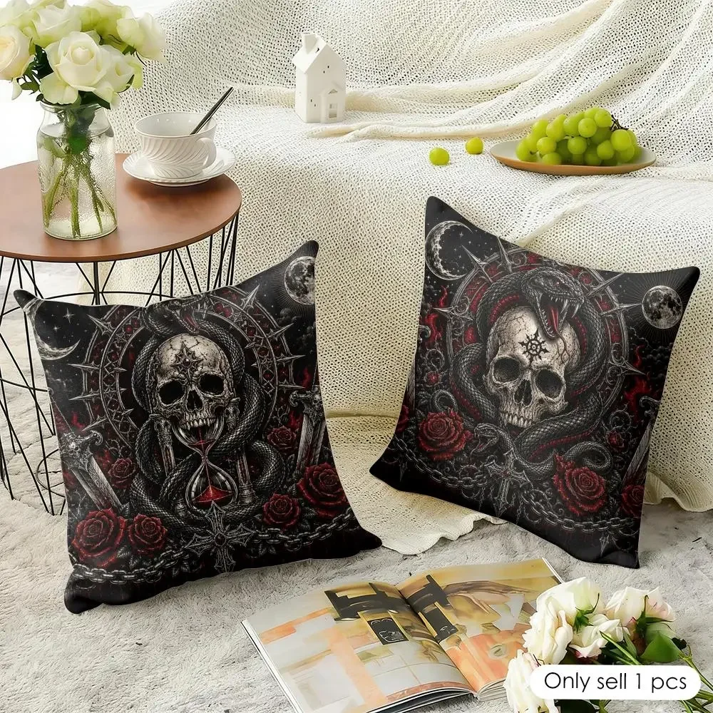 Gothic Skull & Snake Tattoo Eco Linen Cushion Cover | Double-Sided Print Pillow Case, Breathable, Hidden Zipper
