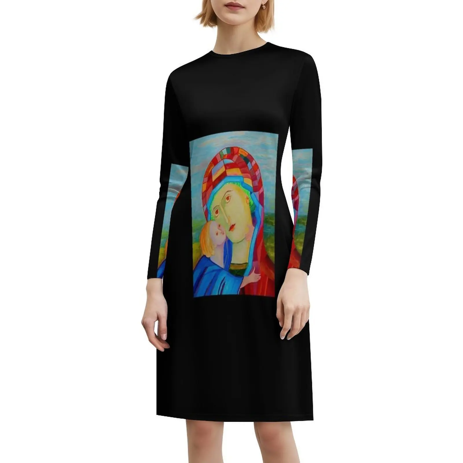 Sukienka mini w stylu preppy z motywem Matki Boskiej z Dzieciątkiem i Jezusa Chrystusa, o kroju A-line, luźna, codzienna sukienka dla kobiet.