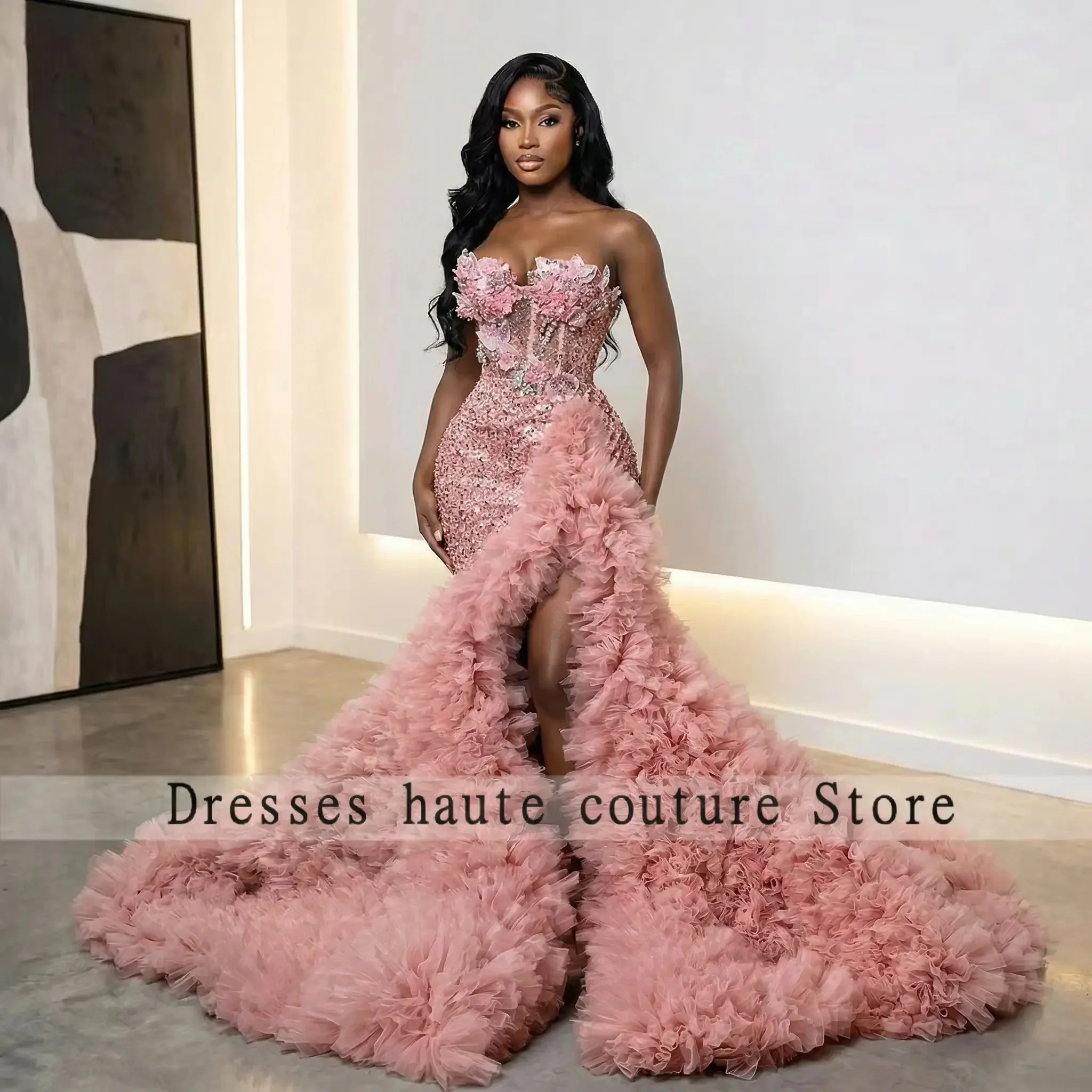 New Delicate Pink O N Mermaid Diamond Prom Dress Black Girl Floral Ruffled Tulle High Slit Evening Gown Party Dress Customized
