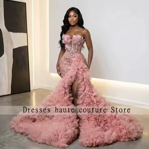 New Delicate Pink O N Mermaid Diamond Prom Dress Black Girl Floral Ruffled Tulle High Slit Evening Gown Party Dress Customized
