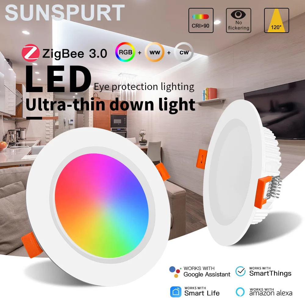 

5Smart LED downlight with Zigbee BT Mesh square round dimming spotlight 6W 9W 12W RGB+CCT light works with Alexa and Google Home