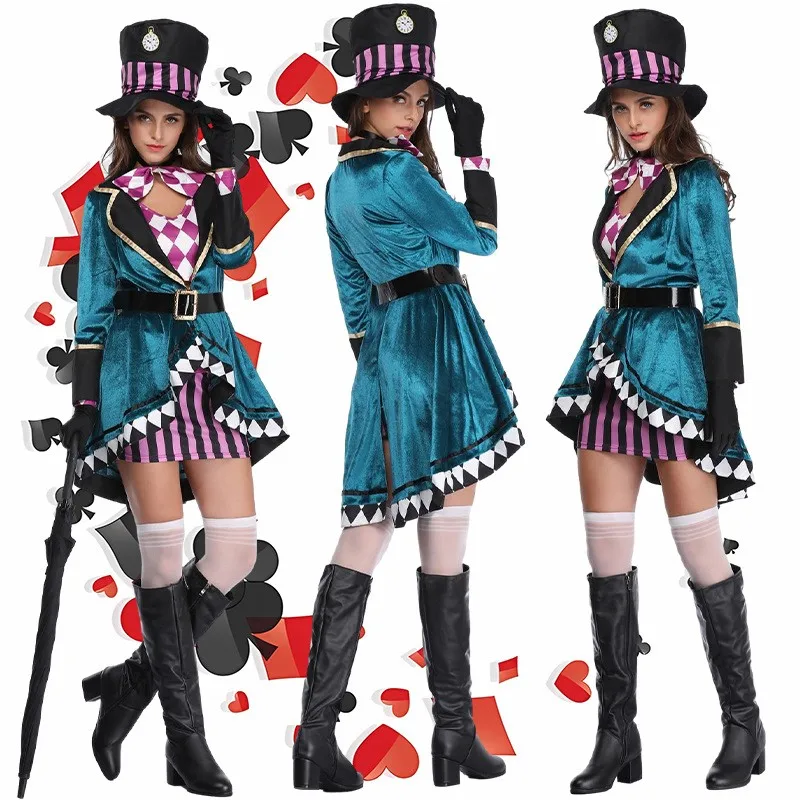 

Green Wild Witch Halloween Costume Women's Alice in Wonderland Mad Hatter Trainer Performance Clothes Chinese Brand Polyester