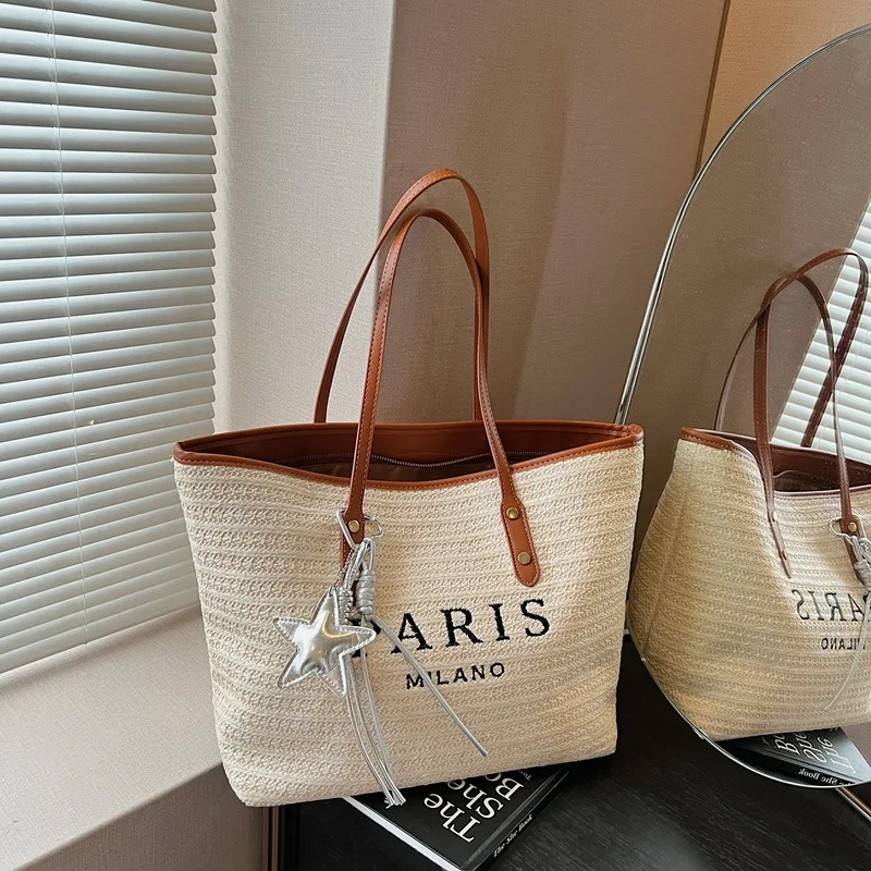 

2025 Rainbow Striped Woven Tote Bag - Large Capacity Work Bag for Women Trendy Summer Commuter Shoulder Bag with Boho Chic Style
