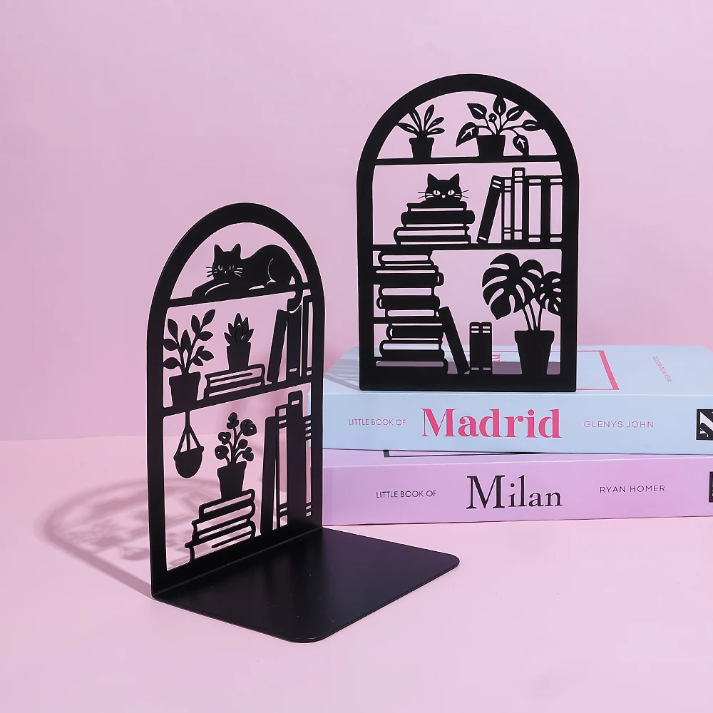 1 pair of metal book holders for reading cats, heavy-duty black leather book stands, creative book shelf organizer.