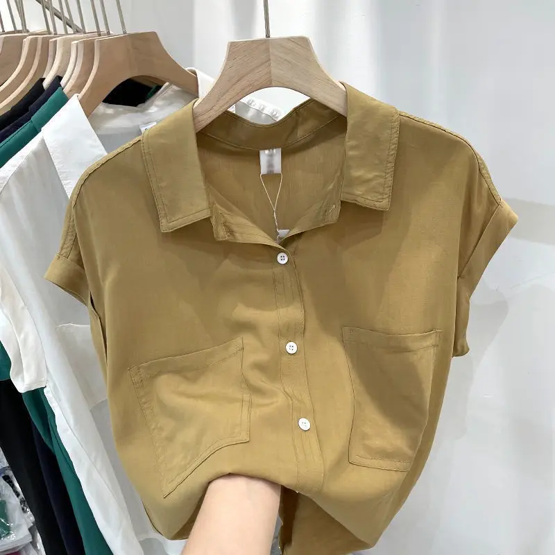 Pocket Comfortable Women Lapel Collar Summer Short Sleeved Shirt Thin Style French Casual Loose Falling Shoulder Sleeves Tops