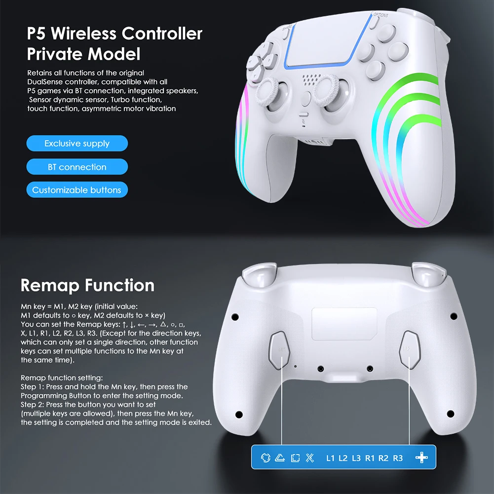 Wireless Gaming Controller for PS 5/PS 5 Slim/PS 5 Pro Bluetooth-Compatible 4.0 Game Controller Dual Vibration/6 Axis Gyro/Turbo