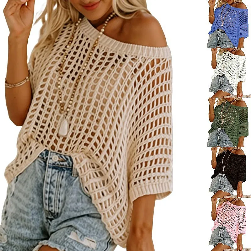 

Sexy Hollow Out Knit Crop Top Tee Blouse Spring Summer Beach Cover Up Pullover Tops