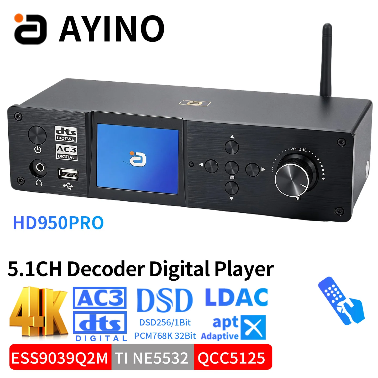 5.1-kanałowy dekoder DTSHD do Audio Atmos, konwerter ESS9039q2m*3, 4K HDMI2.0, adapter Bluetooth 5.4 Qcc5125, DAC DSD PCM768K, ARC, PCUSB, OTG.