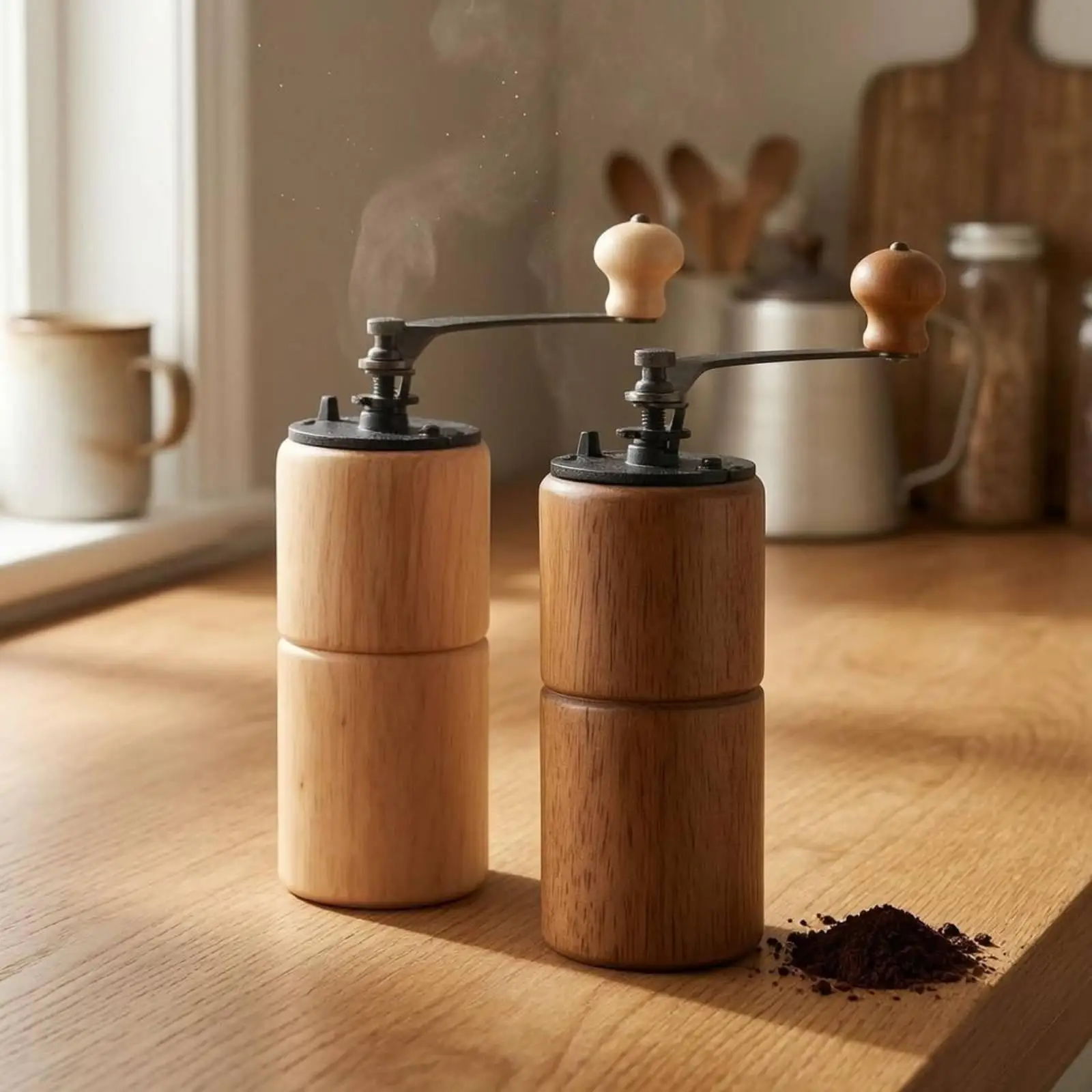 Wooden Manual Coffee Mill with Long Metal Crank Arm Classic Kitchen Gadget for Daily Home Brewing