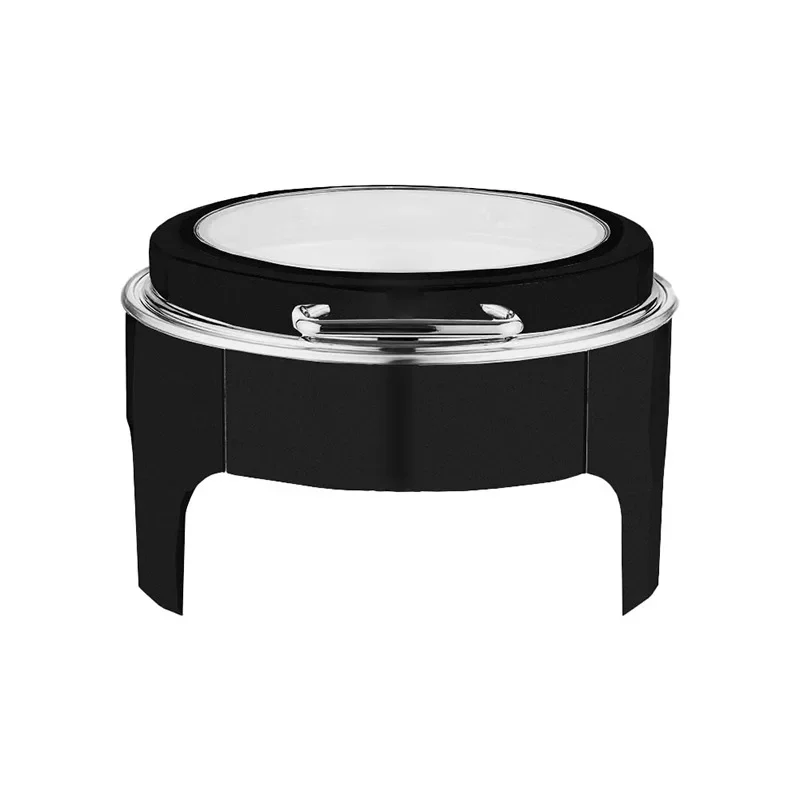 

Luxury square food heater with round glass top stainless steel and copper, buffet served in restaurant
