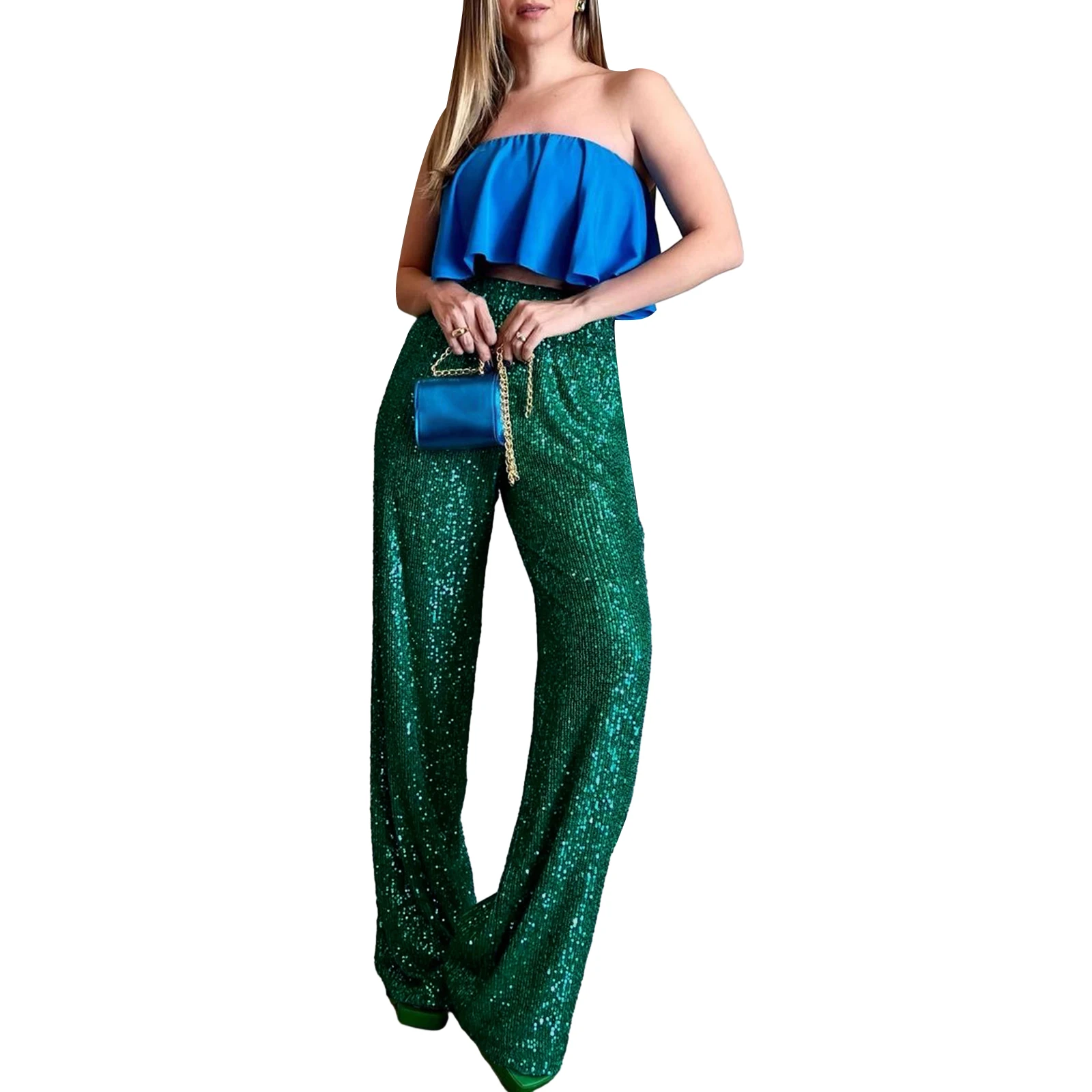 Women Sequins Wide Leg Pants Shiny Loose Casual Elastic High Waist Trousers for Work Office Streetwear