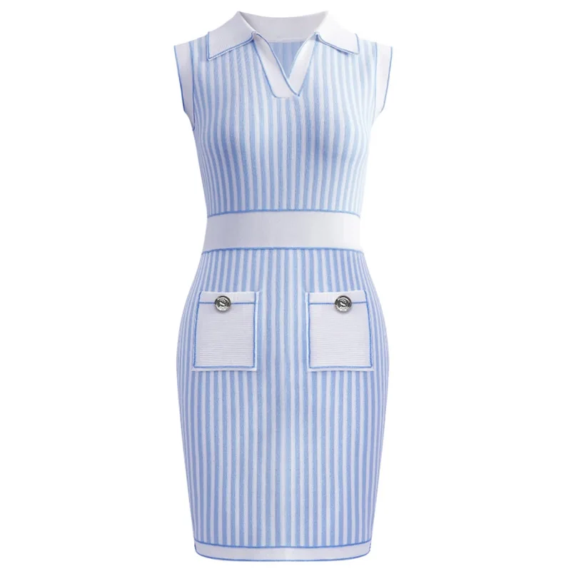 

Fashion Turn-Down Collar Sleeveless Mini Jersey Dresses Blue Stripe Women Knitted Cotton Dress