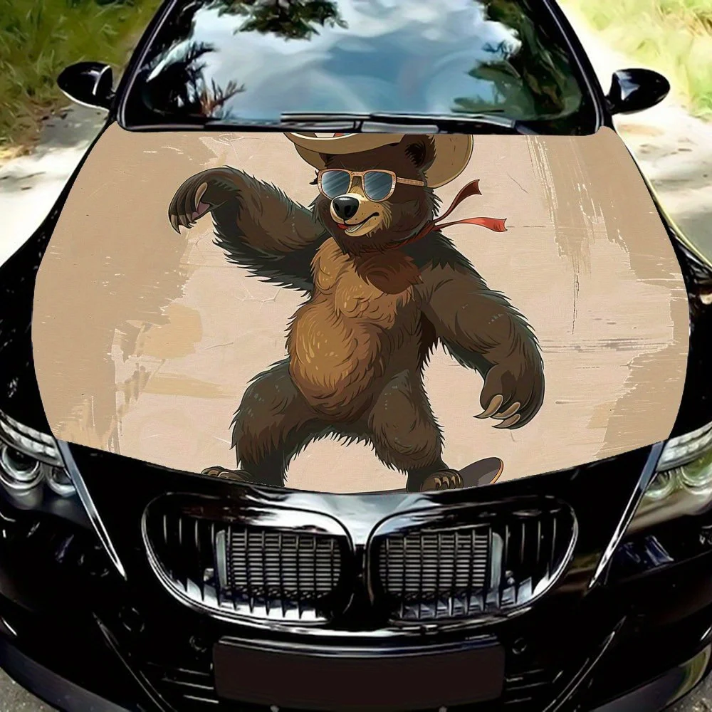 Interesting Dancing Cowboy Bear Car Engine Hood Vinyl Wraps Sticker, Auto Exterior Device, Waterproof Self-adhesive Automotive C