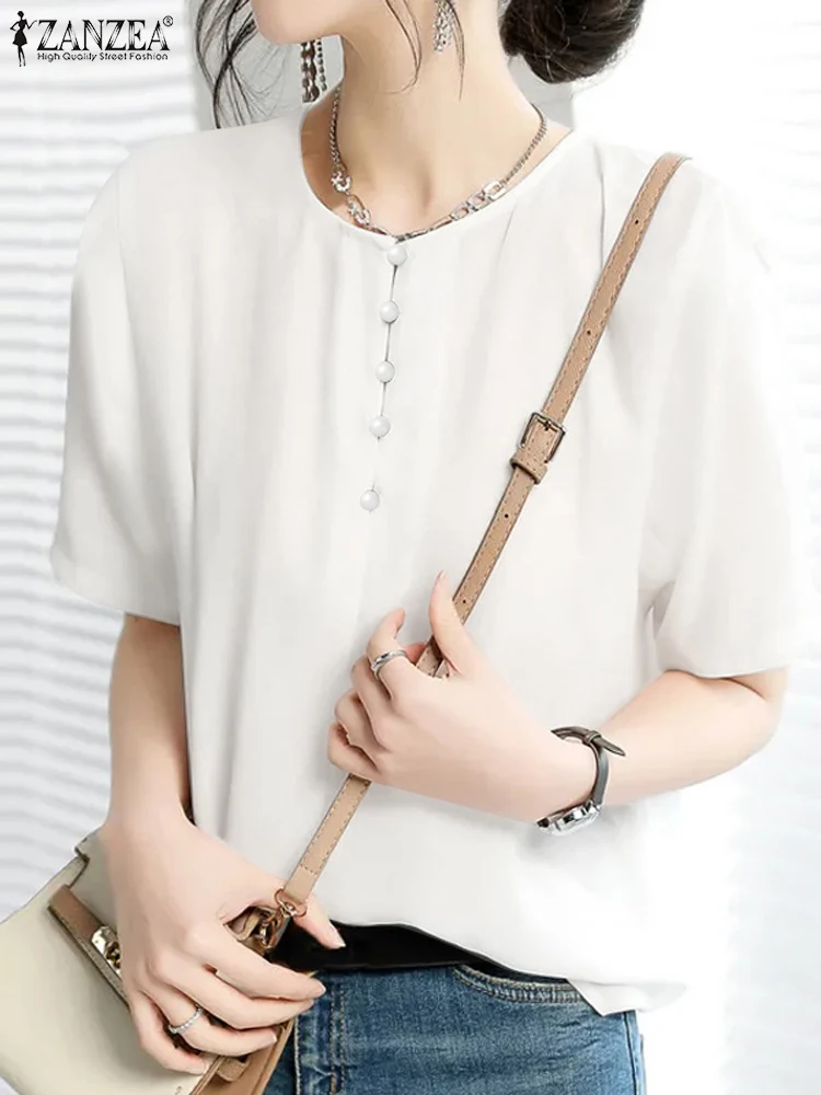 

ZANZEA Korean Short Sleeve Shirt Blusas 2024 Summer Chiffon Blouse Women Office Round Neck Buttons Tops Vintage Elegant Tunic