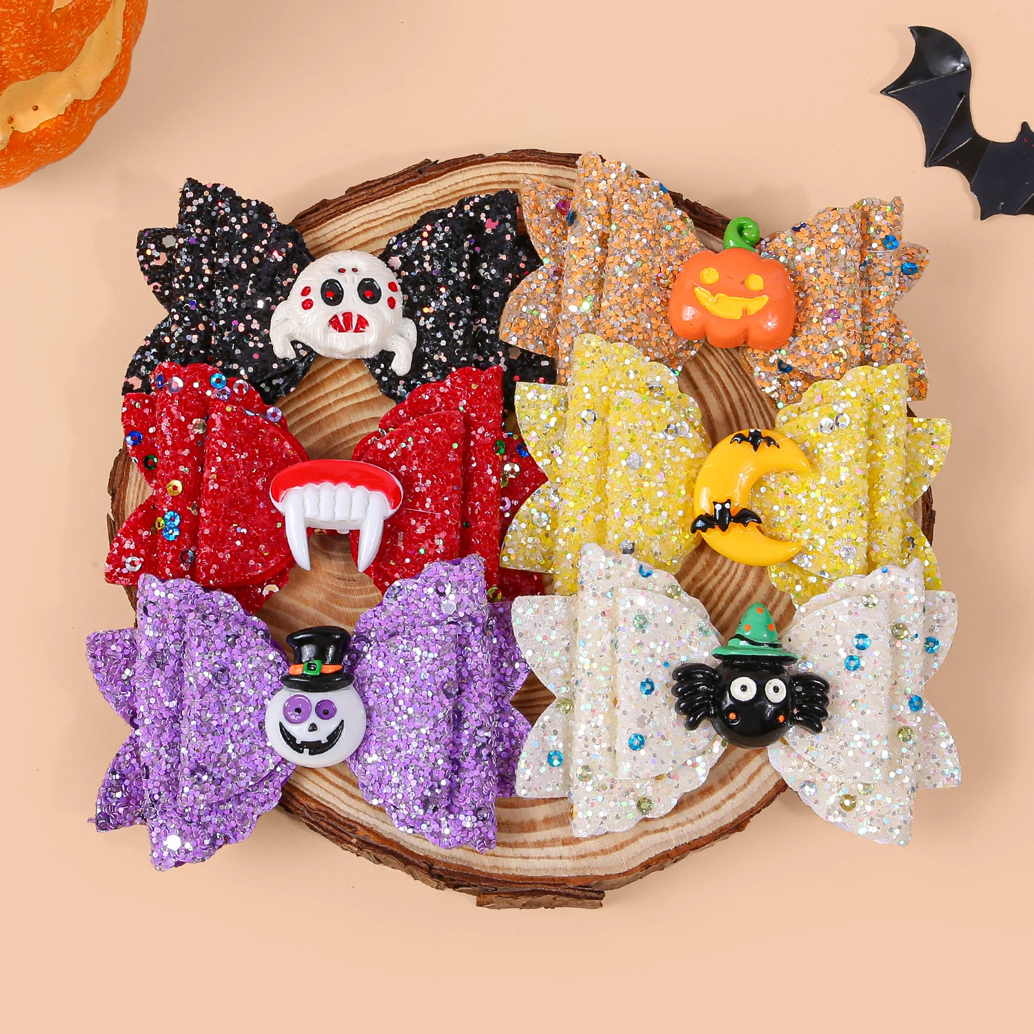 

3/6/12 шт., двухслойная заколка для волос с блестящим бантом и тыквой, пауком и луной для девочек, детские аксессуары для волос на Хэллоуин