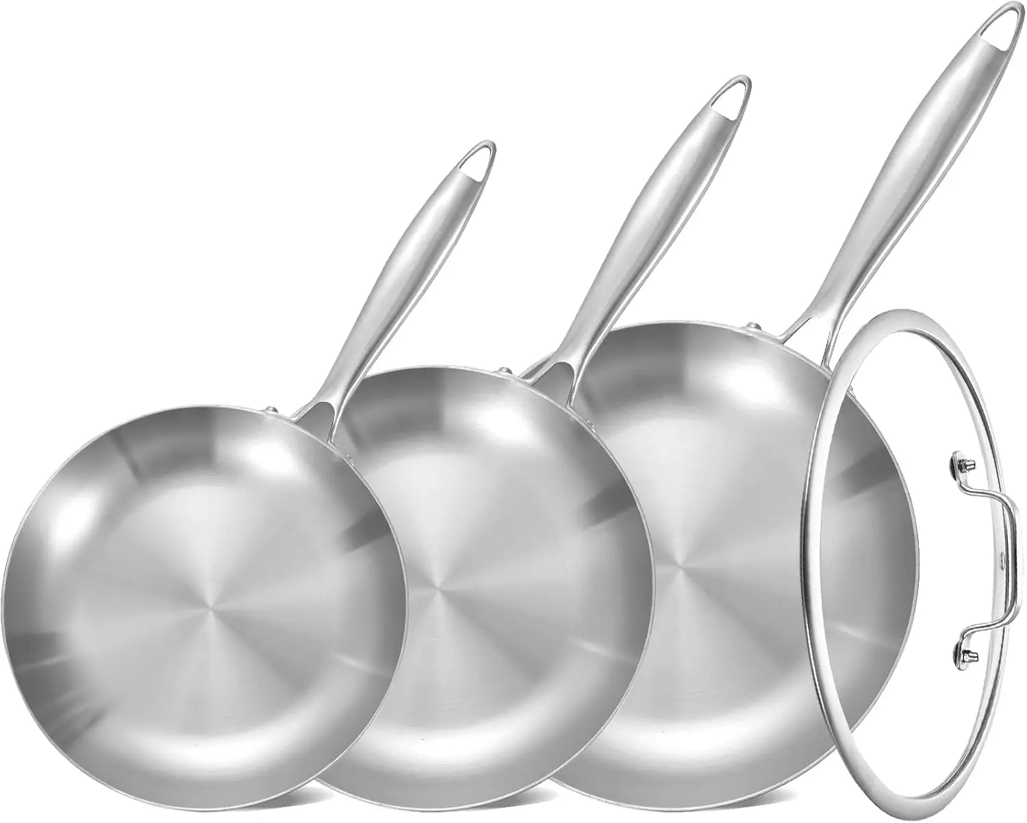 

Набор из трех частей сковороды из нержавеющей стали (в комплект входят крышки, сковорода, индукционная варочная панель, безопасная посуда), съемные ручки.