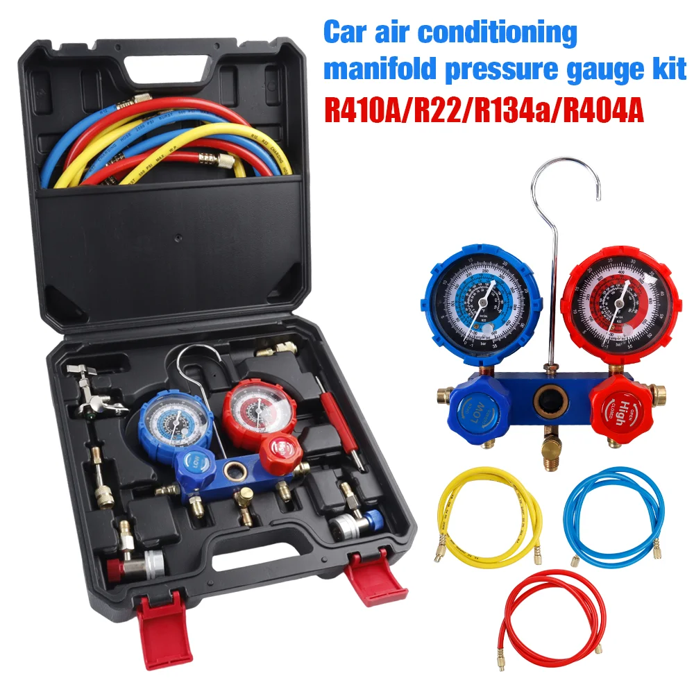 

5-Way Dual-Valve Manifold Pressure Gauge Kit Compatible With R410A/R22/R134a/R404A Refrigerants, For Automotive Air Conditioning