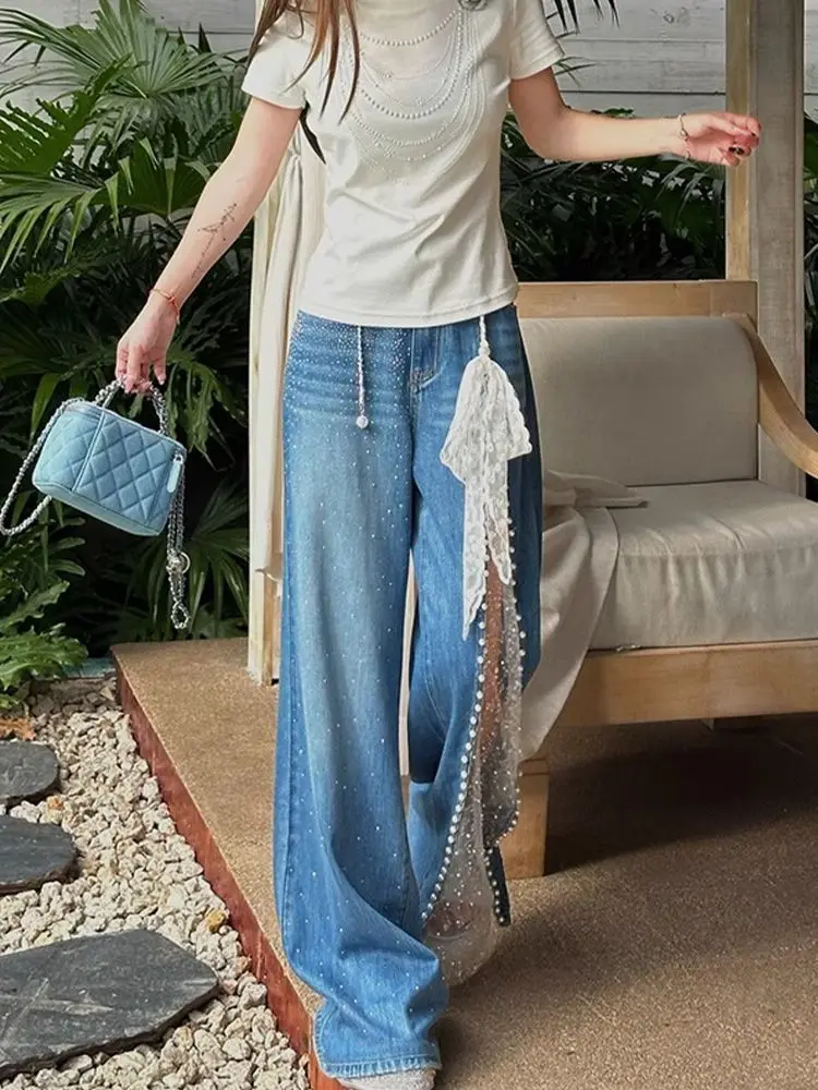 

Женские винтажные синие кружевные лоскутные джинсы Y2k, уличная одежда, джинсовые брюки Харадзюку 90-х годов, широкие брюки в стиле гранж 2000-х годов, одежда