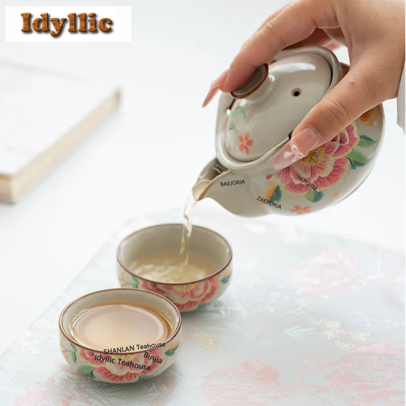 Embroidery Flowers Travel Tea Set Kit Elegant 1 Pot 3 Cups Tea Maker Organizer Portable Outdoor Stock Bags Accessories Gift
