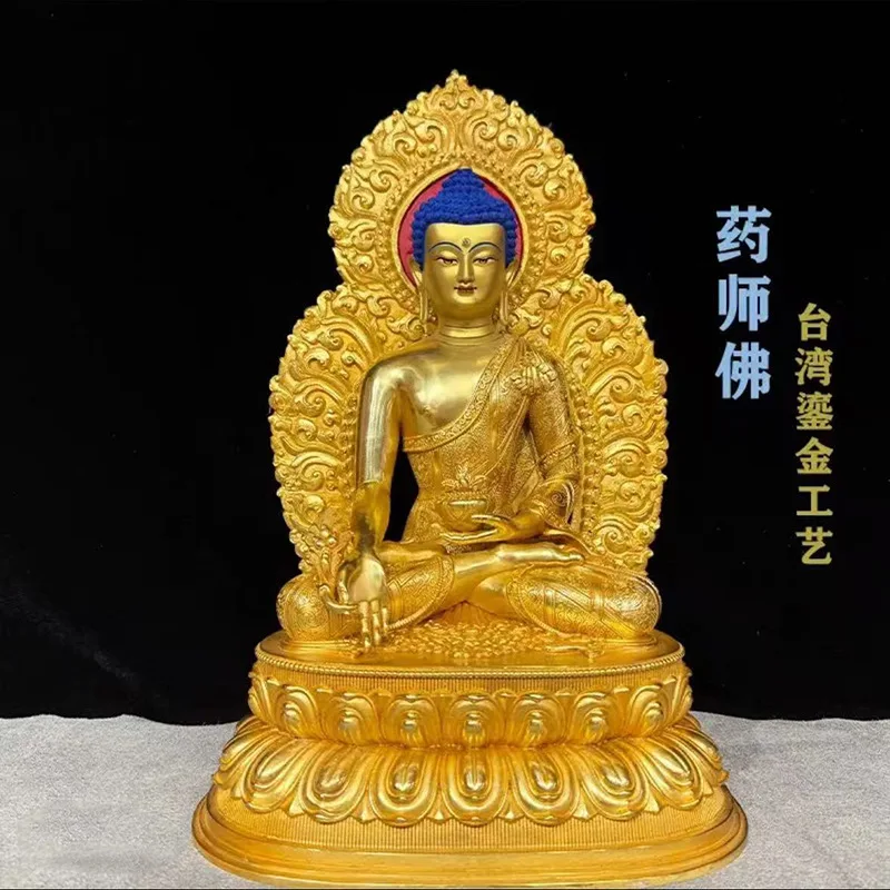 Tibetan Craft Pure Copper Gilt Medicine Buddha Statue with Backlight for Indoor Buddhist Hall Tabletop Decoration Craft Ornament