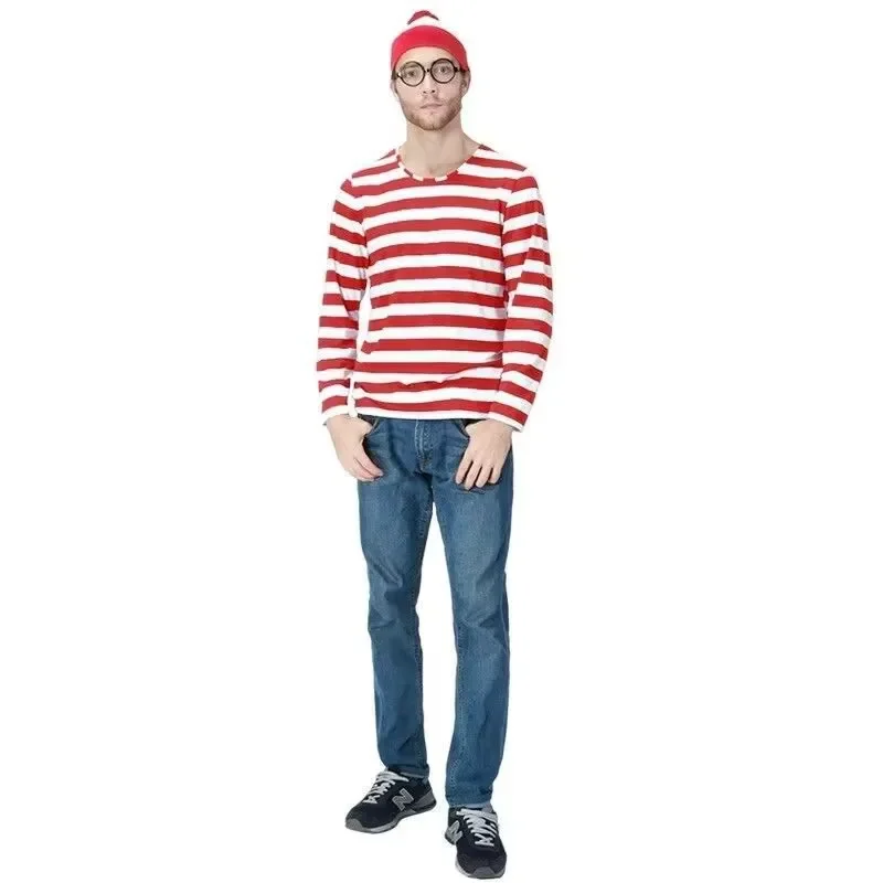 

Wally costume with stripe T-shirt glasses and hat where this waldo costume adult and children unisex Carnival Halloween