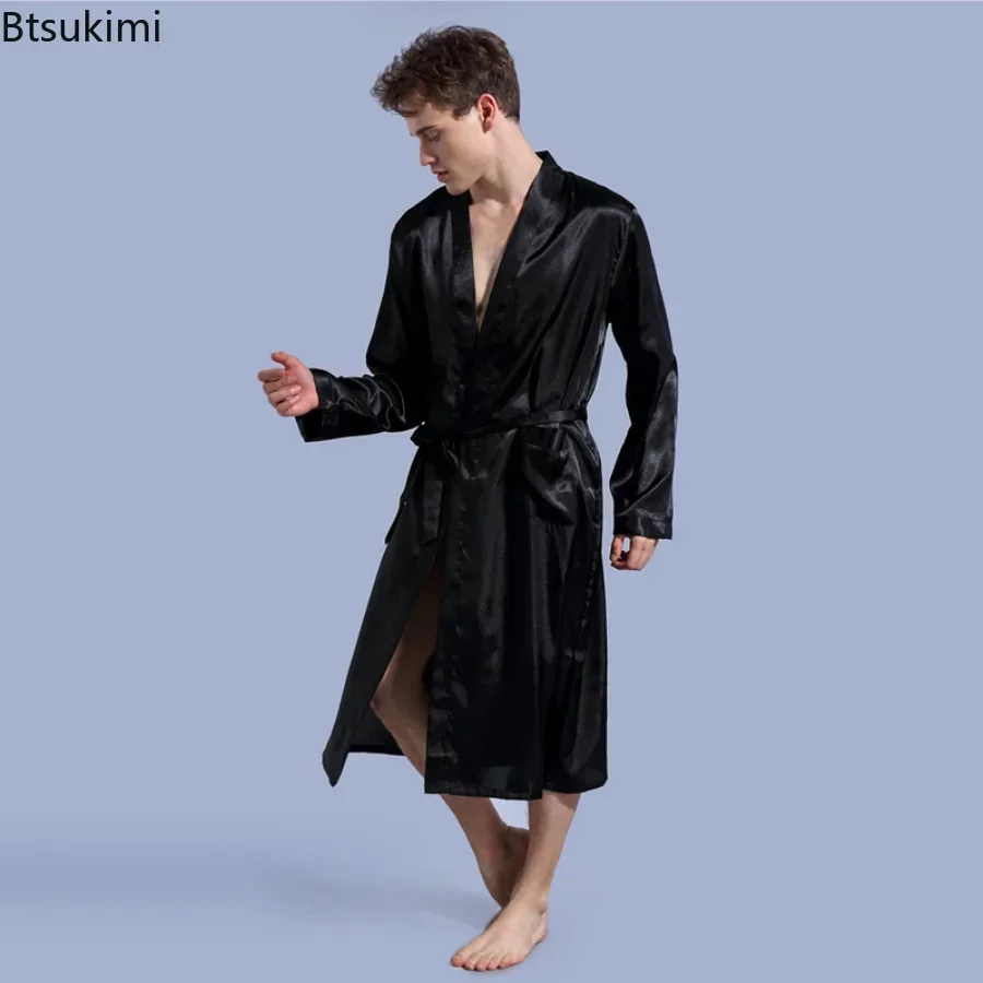 Novo 2025 roupões de cetim de seda dos homens pijamas manga longa sólido pijamas quimono masculino roupão lazer masculino loungewear roupão