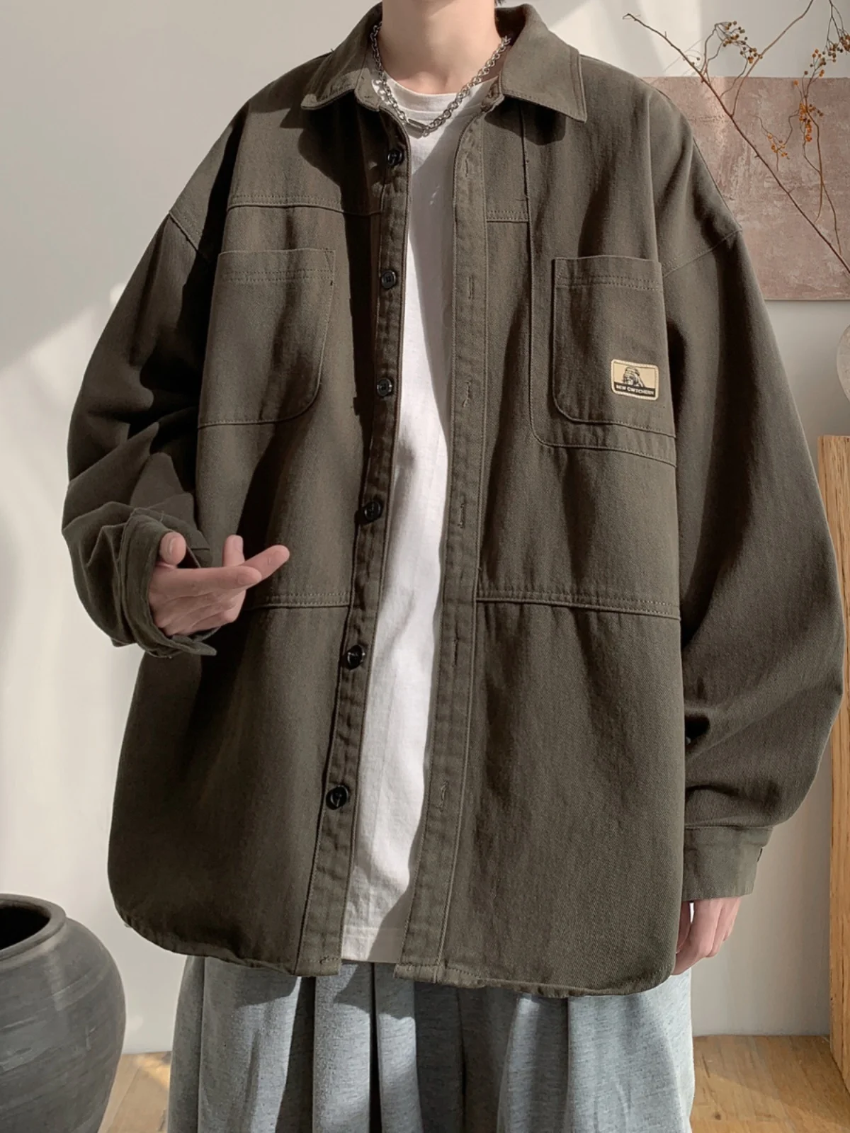 

Loose Fit Long Sve Workwear irt for Men Casual Versatile Spring Faionable Haome Japanese Sle Outerwear Jaet