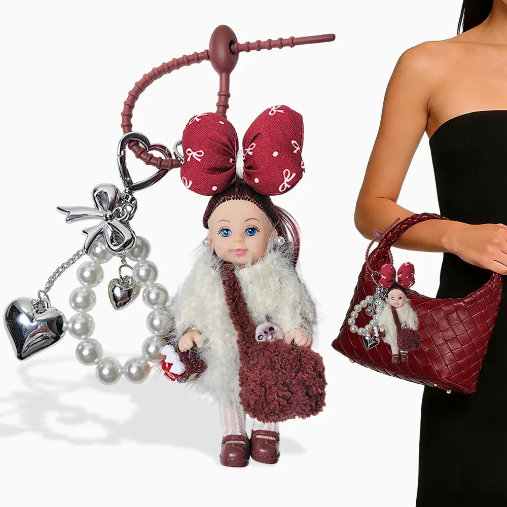 Cute Fashion Mini Doll Keychain Fuzzy Sweater Bow Pearl Chain Heart Charm Aesthetic Unique Bag Phone Charm Gift for Women