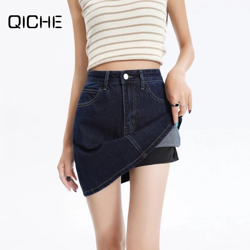 QICHE 2026 Summer Women Korean Style Denim Mini Skirt, High Waist A-Line Bodycon Jean Skirt, Slim Fit Casual Summer Half Skirt
