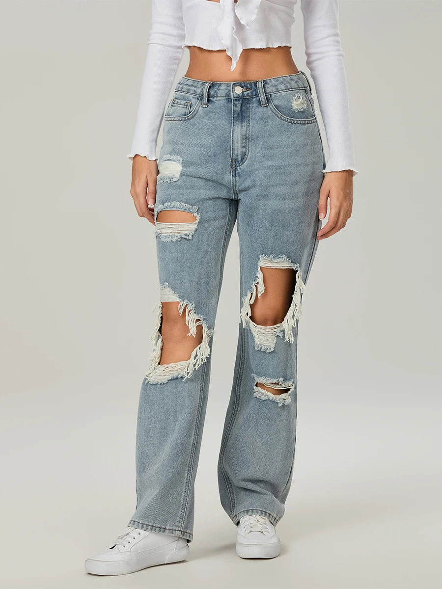 Women’s High Rise Boyfriend Jeans Trendy Fashion Straight Leg Denim Pants Hole Ripped Jeans with Pockets Fall Trousers Punk Y2K