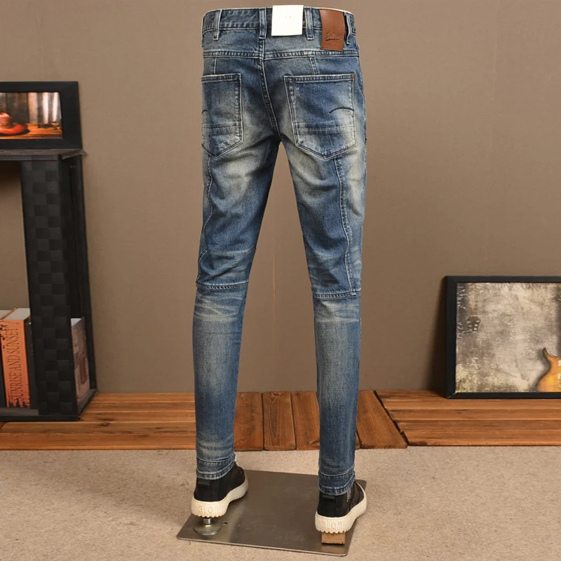 Celana Jeans Hip Hop pria, celana Denim Hip Hop desainer Splice, celana jins ketat biru melar, CELANA Retro kualitas tinggi untuk pria