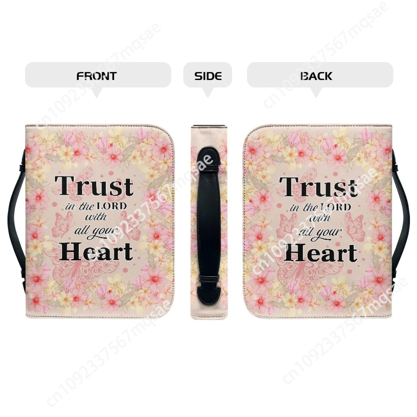 Trust in The Lord with All Your Heart Verse Flowers Pattern Leather Bible Bag for Women Men Handle Handbags Bible Cover Case