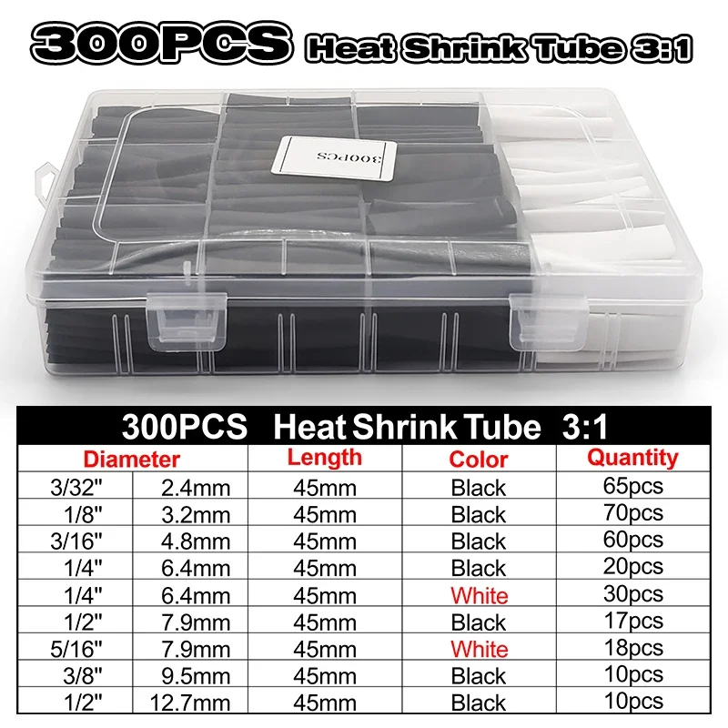 Shrink Tube Kit 300Pcs 3:1 Shrink Ratio Polyolefin Black White Waterproof Car Audio Cable Insulation Protective Wrap