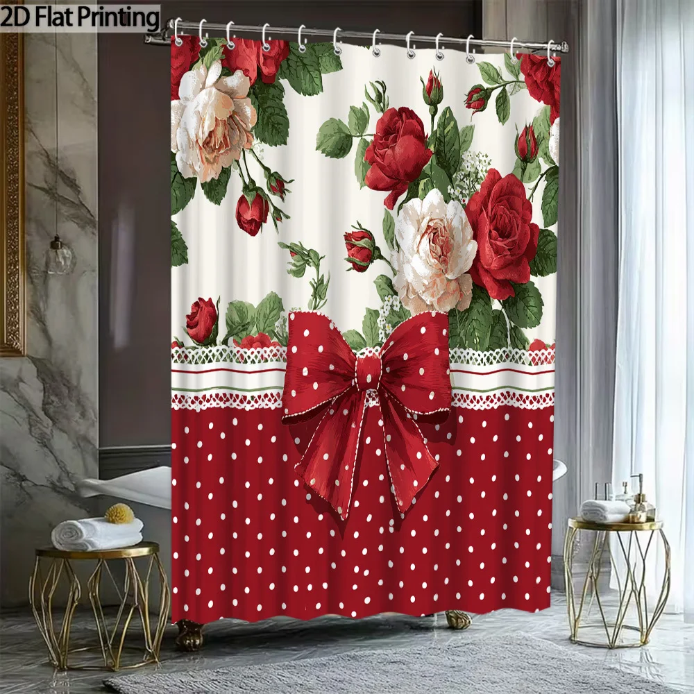 1pc Red Rose Bow & Polka Dot Valentine' Shower Curtain - Vintage Floral Bathroom Decor with 12 Hooks Suitable for Bathtub Divide